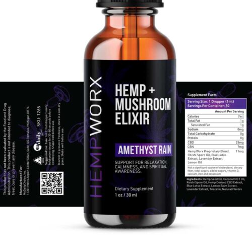 HempWorx Mushroom Elixir Amethyst Rain Product Label and Ingredients