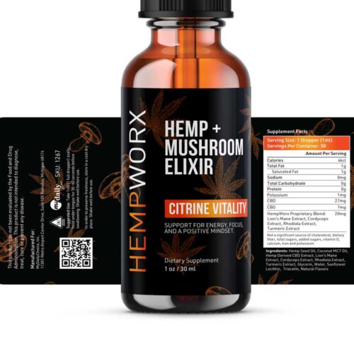 HempWorx Mushroom Elixir Citrine Vitality Label